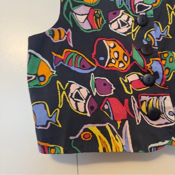 Vintage 100% Silk Colorful Fish Print Vest Top - Picture 3 of 6